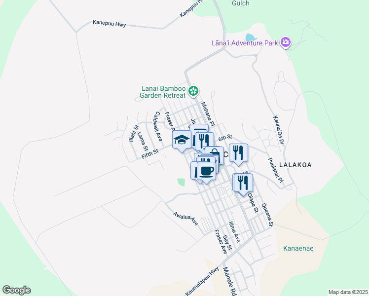 map of restaurants, bars, coffee shops, grocery stores, and more near 455 Fifth Street in Lanai City