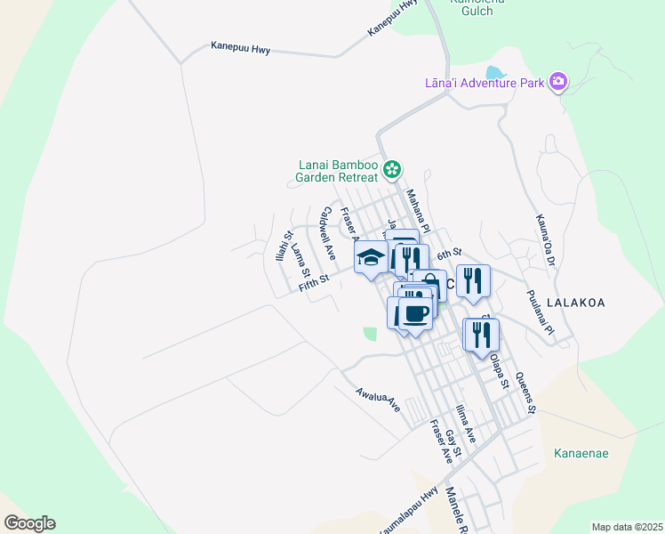 map of restaurants, bars, coffee shops, grocery stores, and more near 441 Caldwell Avenue in Lanai City