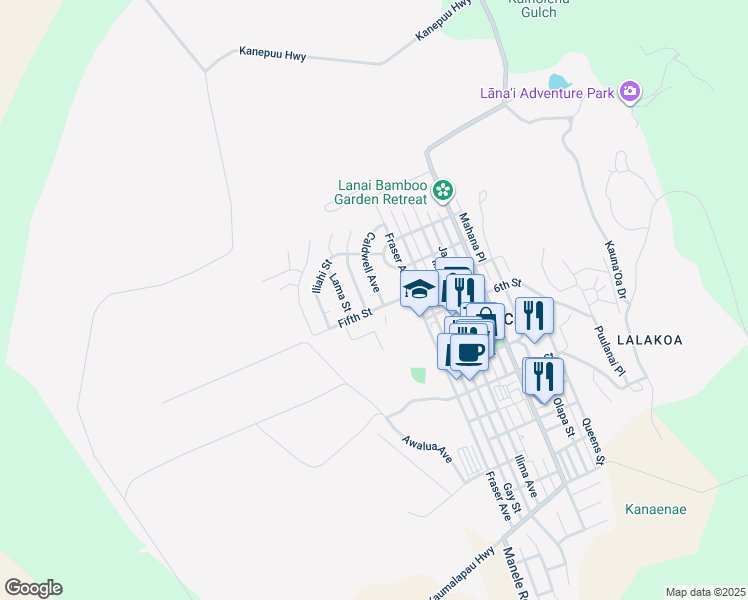 map of restaurants, bars, coffee shops, grocery stores, and more near 441 Caldwell Avenue in Lanai City