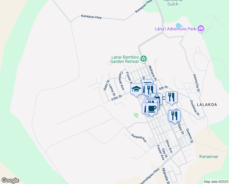 map of restaurants, bars, coffee shops, grocery stores, and more near 395 Lama Street in Lanai City