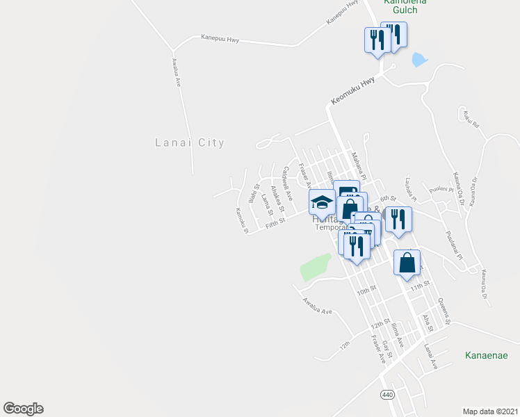 map of restaurants, bars, coffee shops, grocery stores, and more near 136 Olopua Street in Lanai City