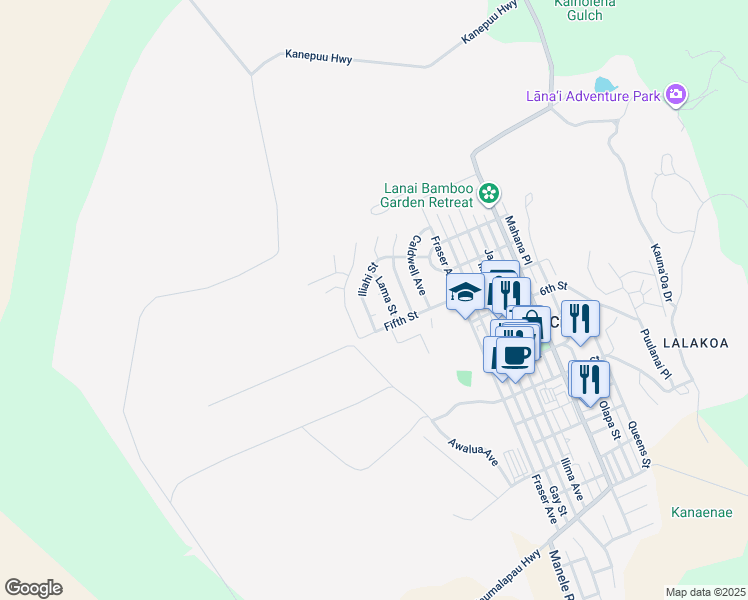 map of restaurants, bars, coffee shops, grocery stores, and more near 136 Olopua Street in Lanai City