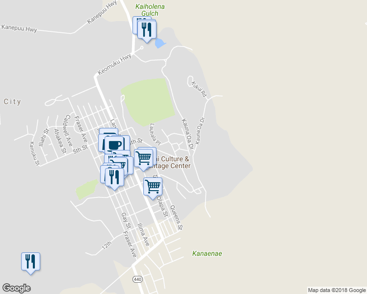 map of restaurants, bars, coffee shops, grocery stores, and more near 452 Ohia Drive in Lanai City