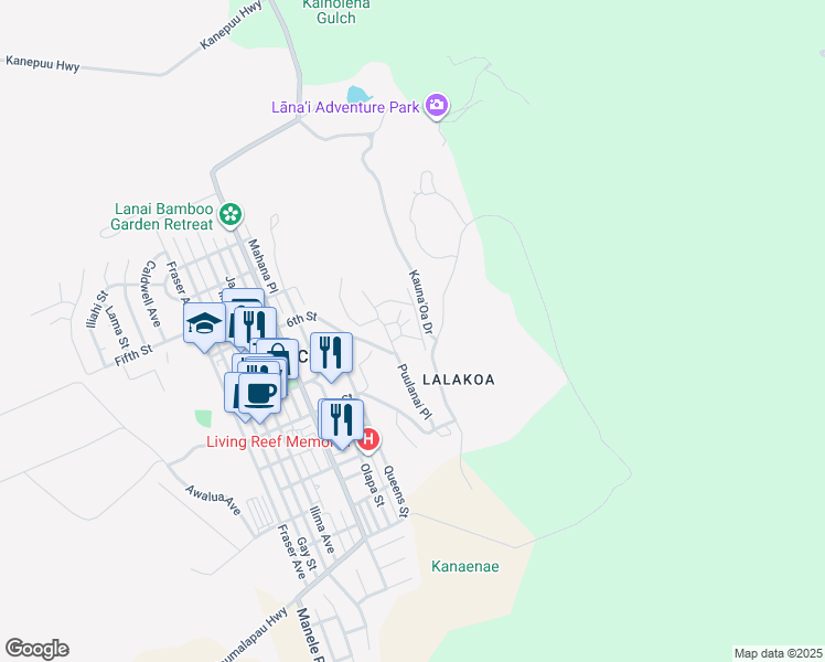 map of restaurants, bars, coffee shops, grocery stores, and more near 452 Ohia Drive in Lanai City