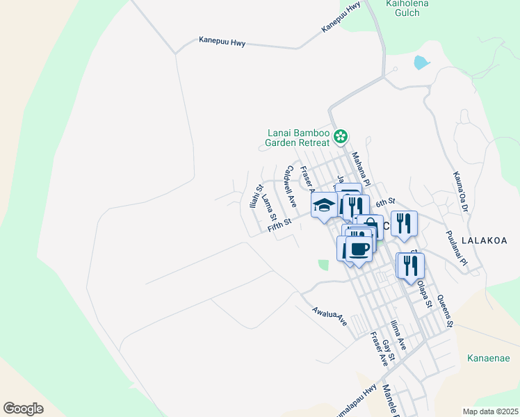 map of restaurants, bars, coffee shops, grocery stores, and more near 395 Lama Street in Lanai City