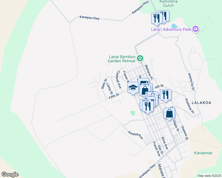 map of restaurants, bars, coffee shops, grocery stores, and more near 395 Lama Street in Lanai City