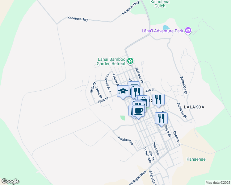 map of restaurants, bars, coffee shops, grocery stores, and more near 455 Fifth Street in Lanai City
