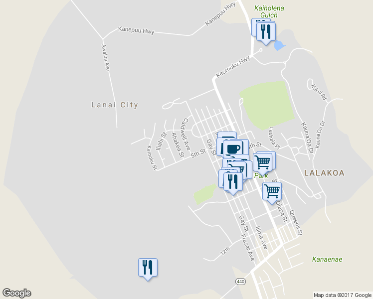 map of restaurants, bars, coffee shops, grocery stores, and more near 425 Caldwell Avenue in Lanai City