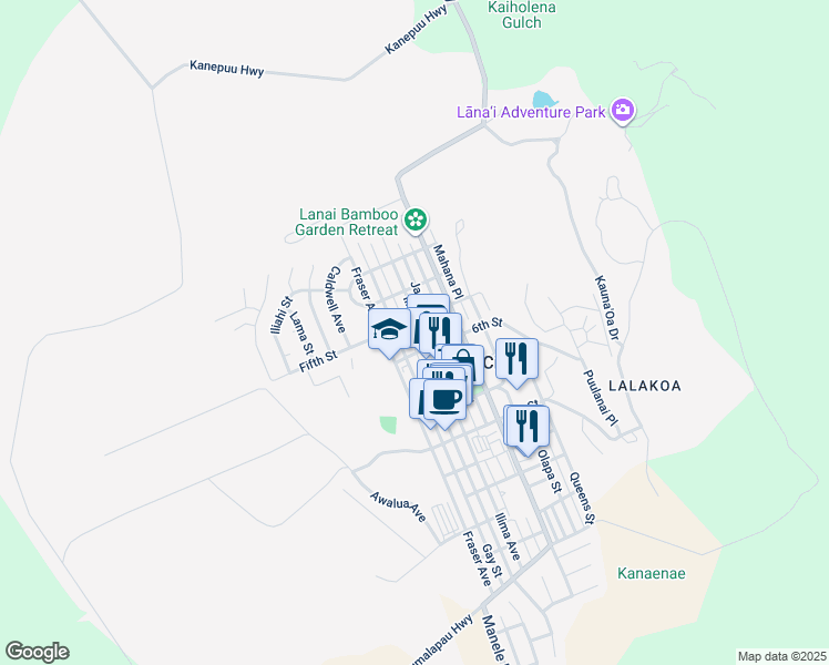 map of restaurants, bars, coffee shops, grocery stores, and more near 519 Ilima Avenue in Lanai City