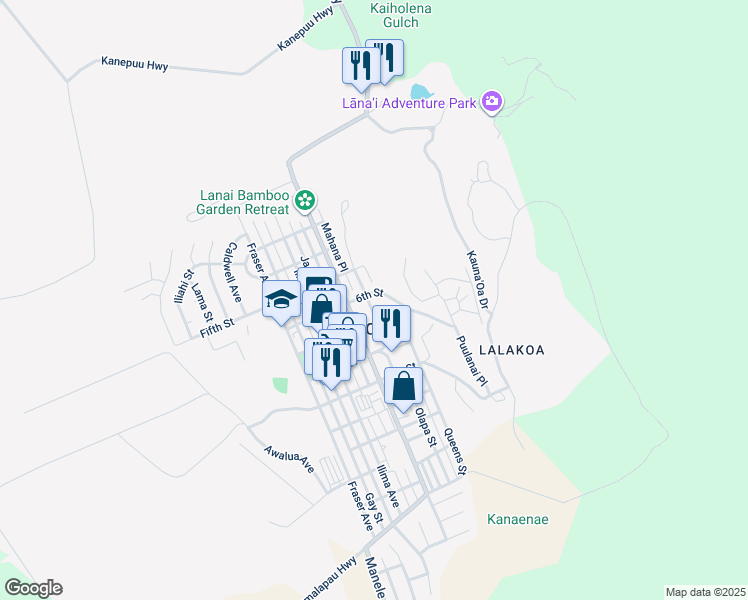 map of restaurants, bars, coffee shops, grocery stores, and more near 612 Nani Street in Lanai City