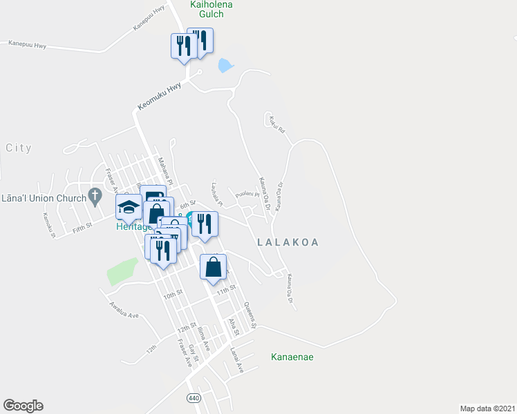 map of restaurants, bars, coffee shops, grocery stores, and more near 504 Nininiwai Circle in Lanai City