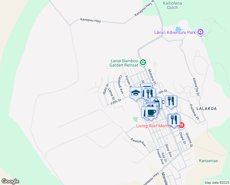 map of restaurants, bars, coffee shops, grocery stores, and more near 400 Ahakea Street in Lanai City