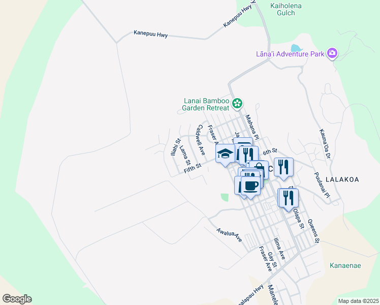 map of restaurants, bars, coffee shops, grocery stores, and more near 400 Ahakea Street in Lanai City