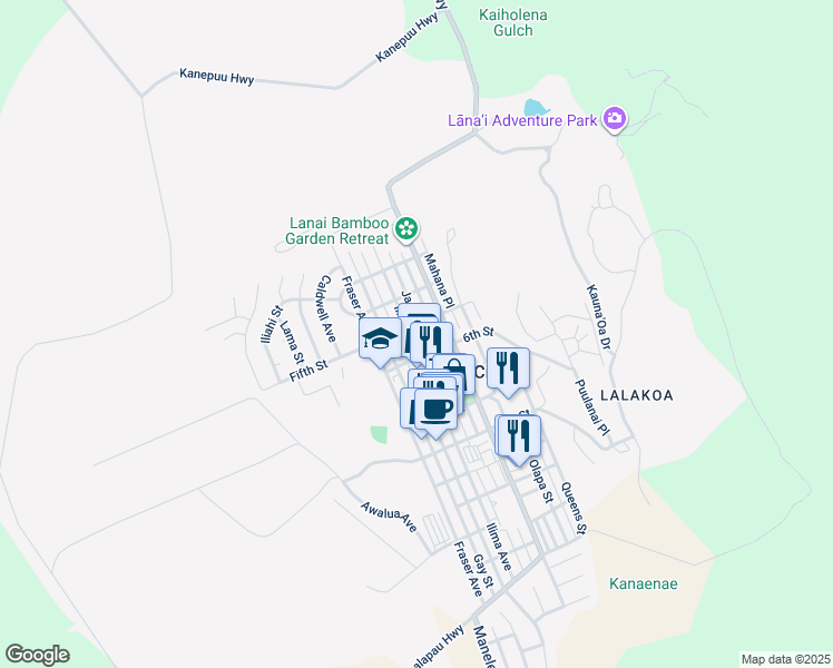 map of restaurants, bars, coffee shops, grocery stores, and more near 514 Ilima Avenue in Lanai City