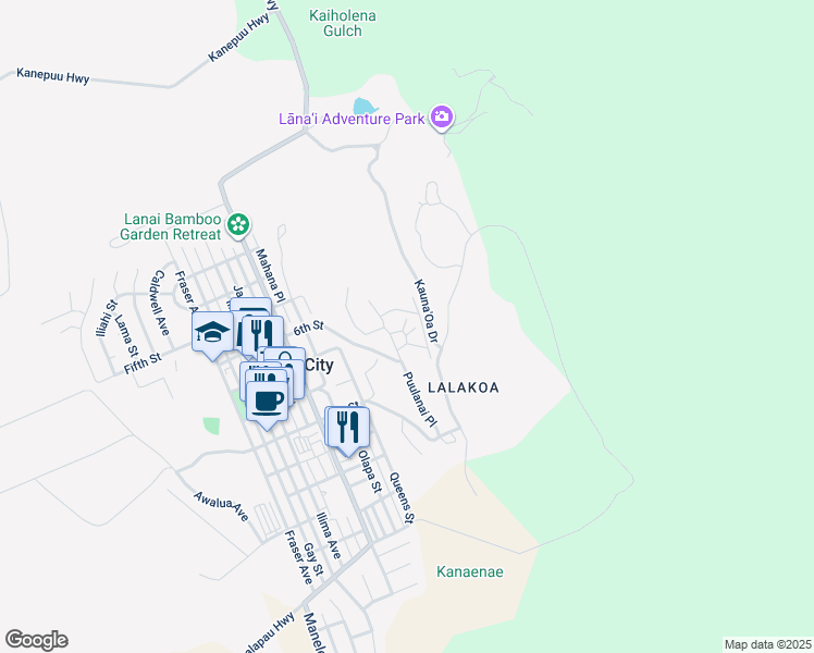 map of restaurants, bars, coffee shops, grocery stores, and more near 438 Hau Drive in Lanai City