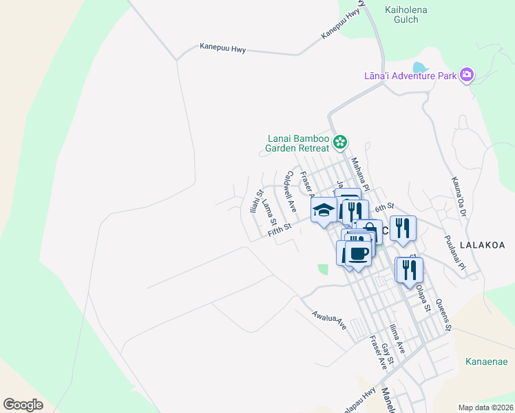 map of restaurants, bars, coffee shops, grocery stores, and more near 411 Iliahi Street in Lanai City