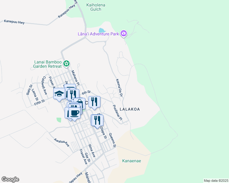 map of restaurants, bars, coffee shops, grocery stores, and more near 438 Hau Drive in Lanai City