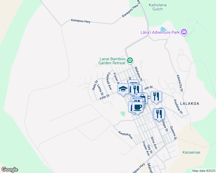 map of restaurants, bars, coffee shops, grocery stores, and more near 425 Caldwell Avenue in Lanai City