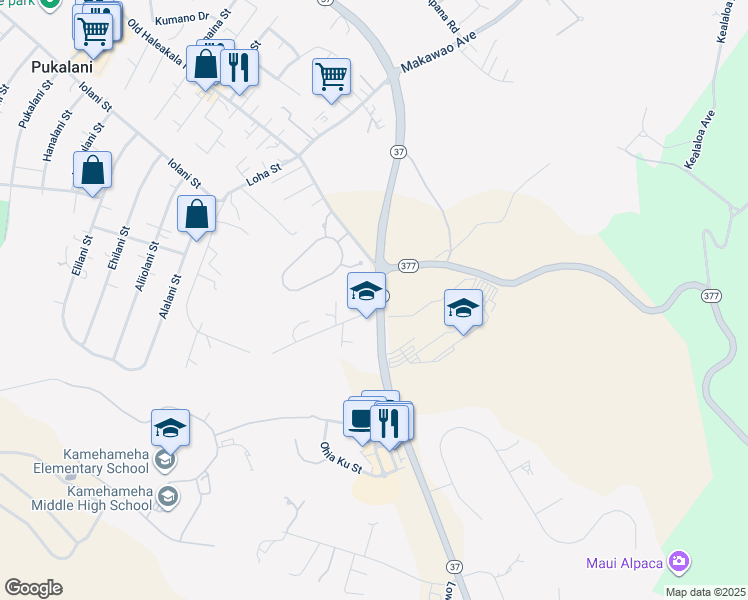 map of restaurants, bars, coffee shops, grocery stores, and more near 0 Kula Highway in Kula