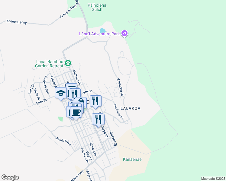 map of restaurants, bars, coffee shops, grocery stores, and more near 437 Hau Drive in Lanai City