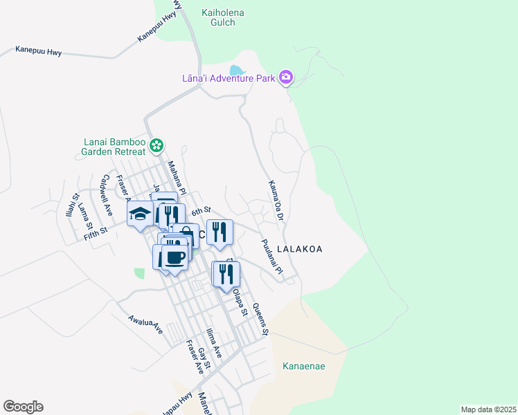 map of restaurants, bars, coffee shops, grocery stores, and more near 437 Hau Drive in Lanai City