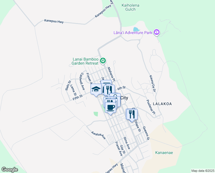 map of restaurants, bars, coffee shops, grocery stores, and more near 519 Ilima Avenue in Lanai City