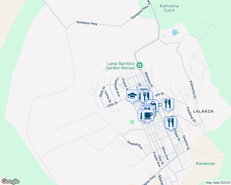 map of restaurants, bars, coffee shops, grocery stores, and more near 425 Caldwell Avenue in Lanai City