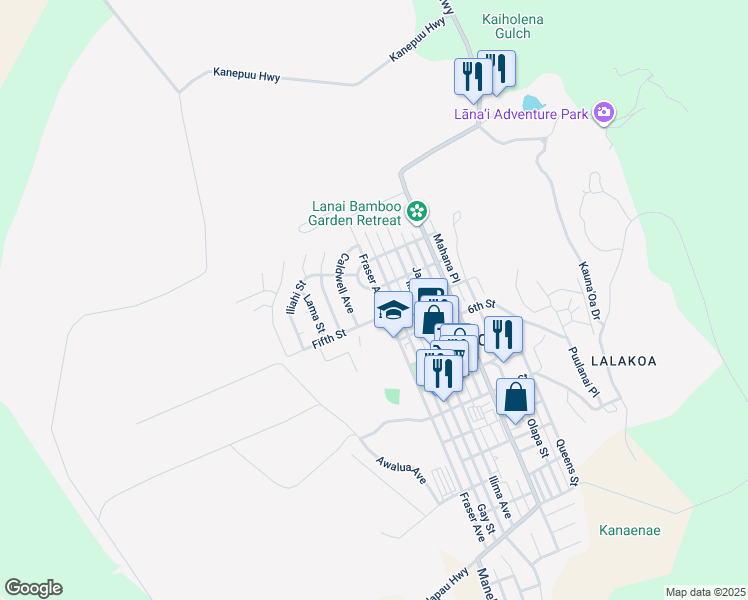 map of restaurants, bars, coffee shops, grocery stores, and more near 455 Fifth Street in Lanai City