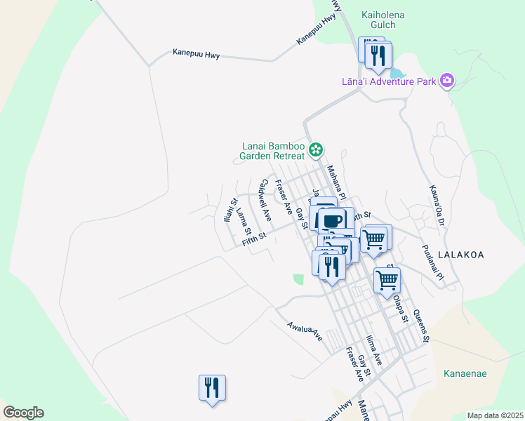 map of restaurants, bars, coffee shops, grocery stores, and more near 425 Caldwell Avenue in Lanai City