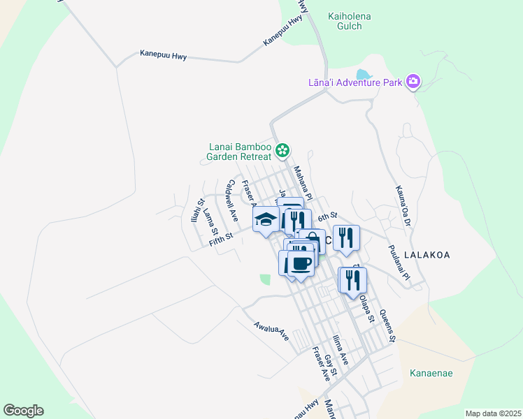 map of restaurants, bars, coffee shops, grocery stores, and more near 455 Fifth Street in Lanai City