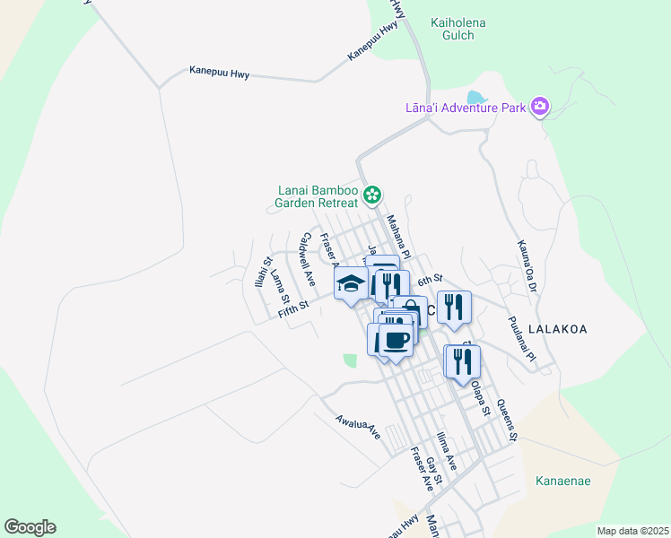 map of restaurants, bars, coffee shops, grocery stores, and more near 395 Ehunani Circle in Lanai City