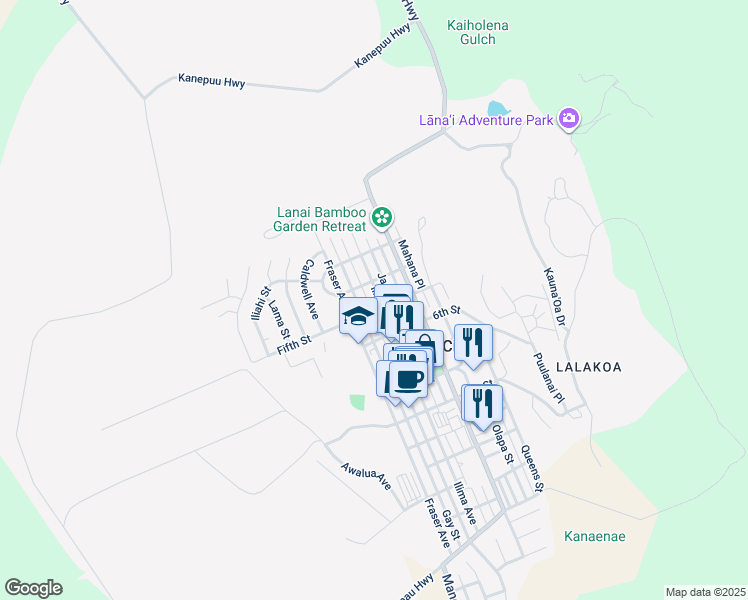 map of restaurants, bars, coffee shops, grocery stores, and more near 437 Ilima Avenue in Lanai City