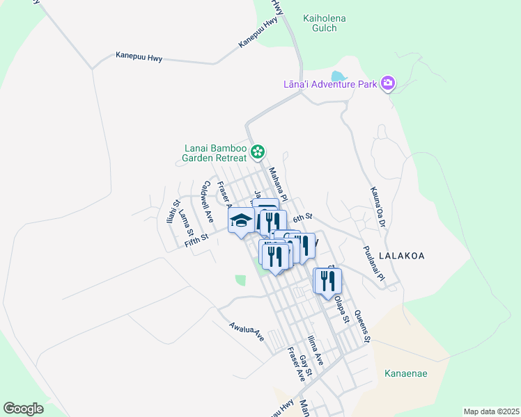 map of restaurants, bars, coffee shops, grocery stores, and more near 444 Ilima Avenue in Lanai City
