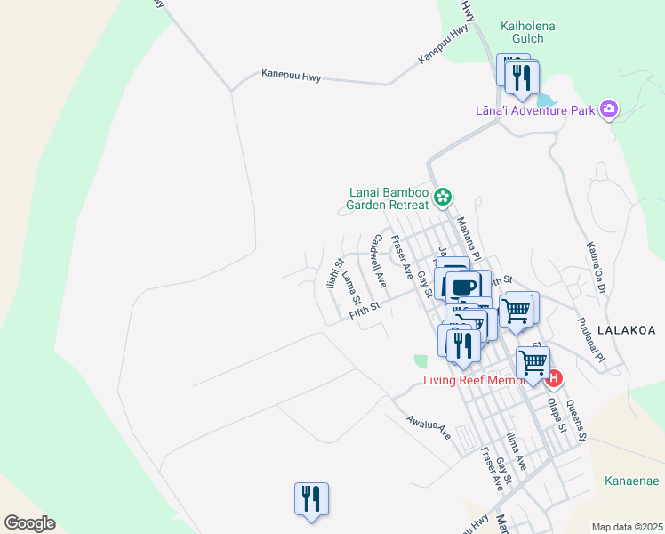 map of restaurants, bars, coffee shops, grocery stores, and more near 390 Iliahi Street in Lanai City
