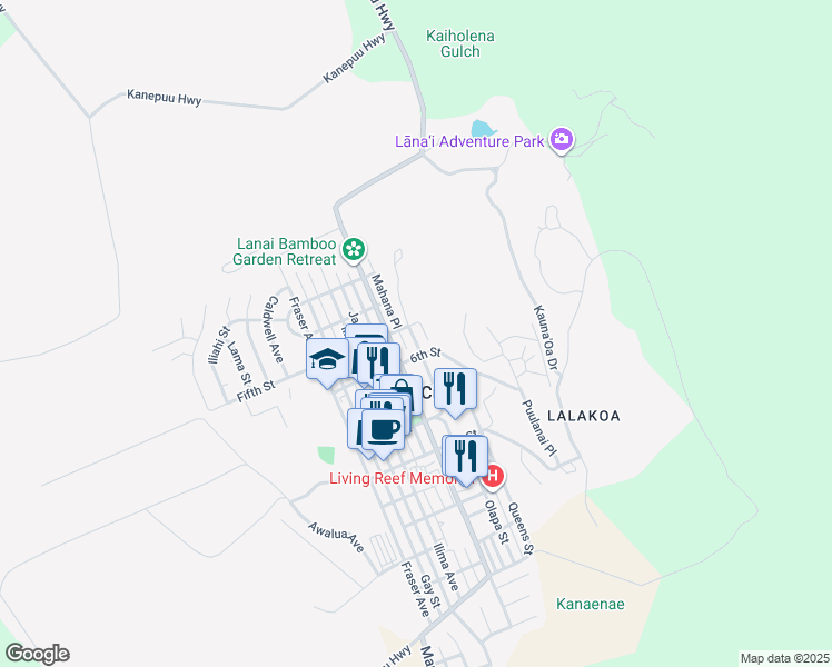 map of restaurants, bars, coffee shops, grocery stores, and more near 516 Nani Street in Lanai City