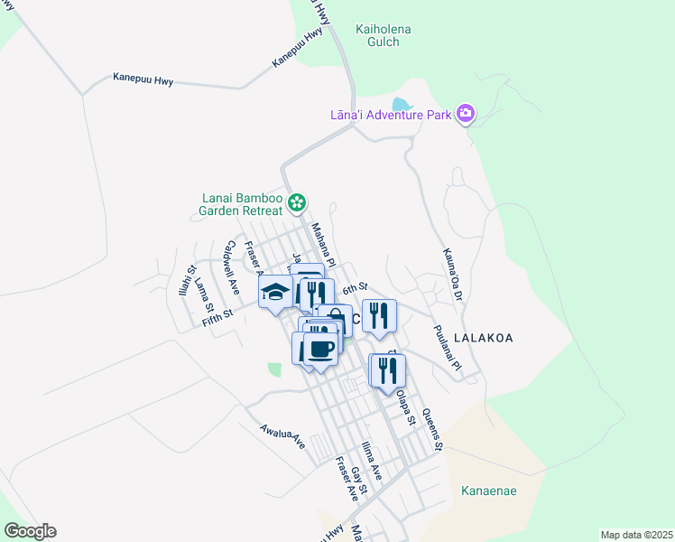 map of restaurants, bars, coffee shops, grocery stores, and more near 432 Mahana Place in Lanai City