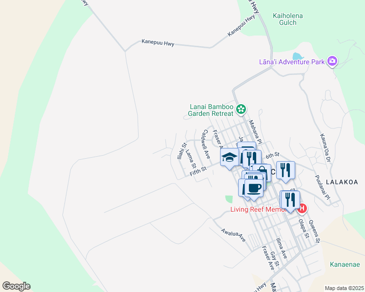 map of restaurants, bars, coffee shops, grocery stores, and more near 390 Iliahi Street in Lanai City