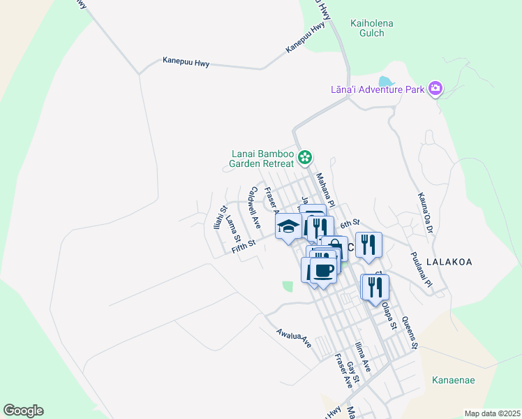 map of restaurants, bars, coffee shops, grocery stores, and more near 361 Ehunani Circle in Lanai City