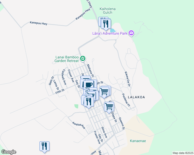 map of restaurants, bars, coffee shops, grocery stores, and more near 516 Nani Street in Lanai City