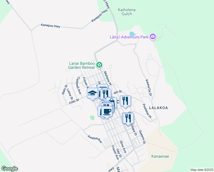 map of restaurants, bars, coffee shops, grocery stores, and more near 455 Fifth Street in Lanai City