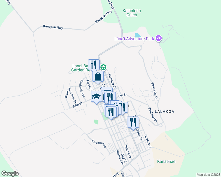 map of restaurants, bars, coffee shops, grocery stores, and more near 447 Lanai Avenue in Lanai City