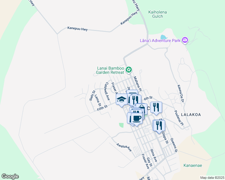 map of restaurants, bars, coffee shops, grocery stores, and more near 360 Ehunani Circle in Lanai City