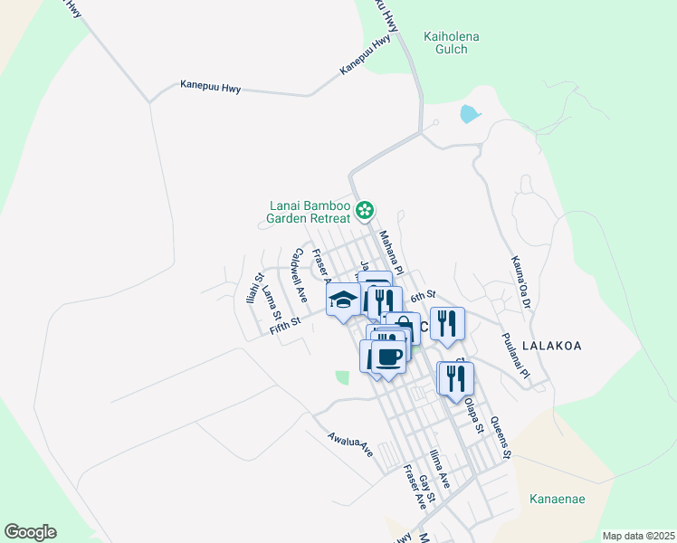 map of restaurants, bars, coffee shops, grocery stores, and more near 346 Gay Street in Lanai City