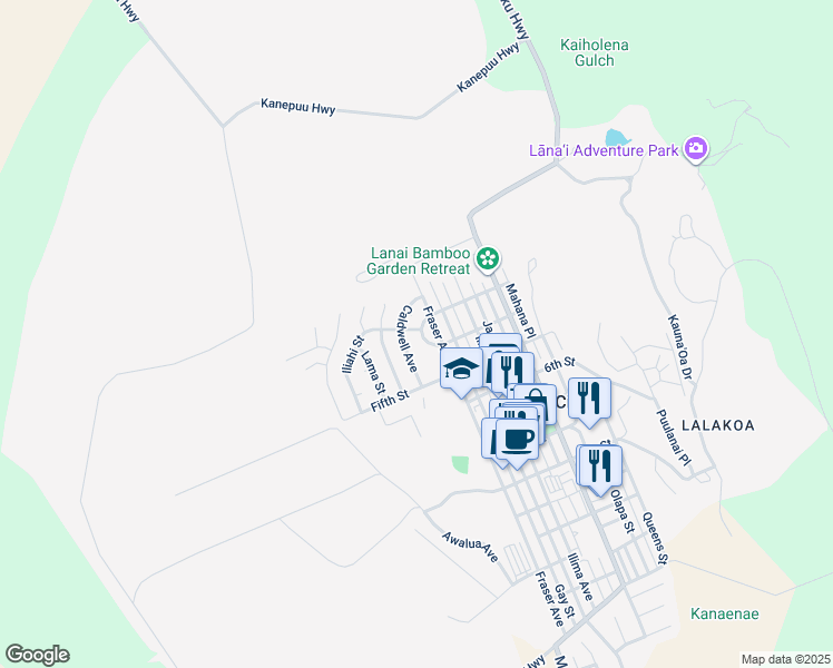 map of restaurants, bars, coffee shops, grocery stores, and more near 228 Waialua Place in Lanai City