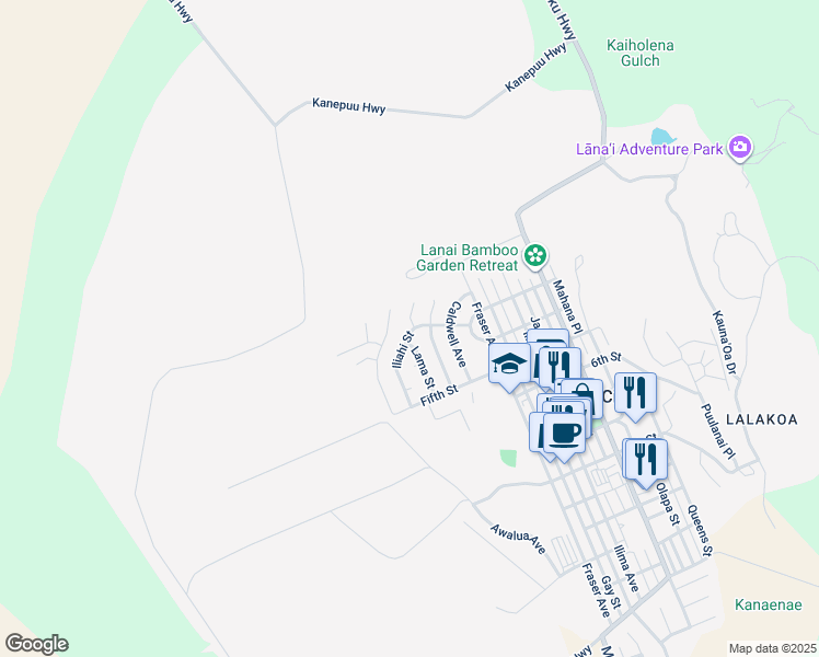 map of restaurants, bars, coffee shops, grocery stores, and more near 368 Iliahi Street in Lanai City
