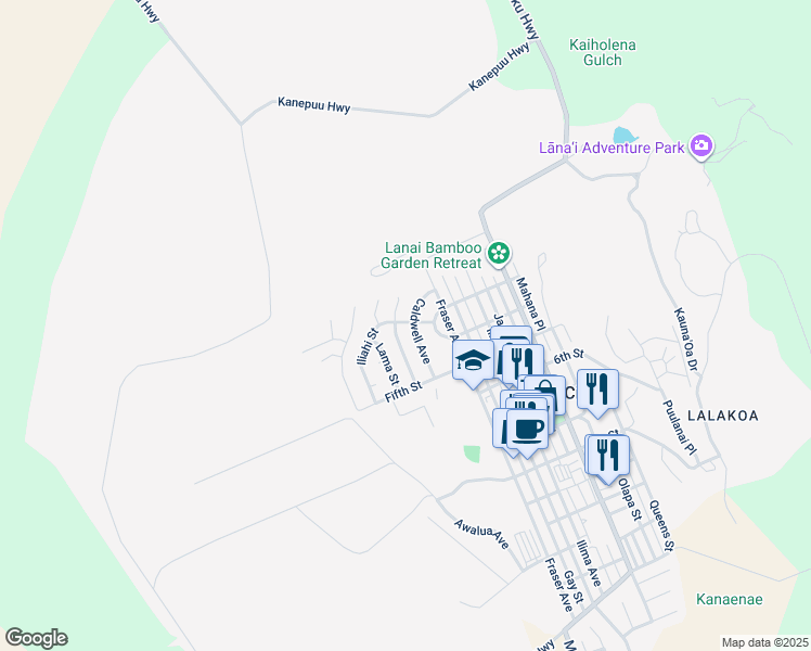 map of restaurants, bars, coffee shops, grocery stores, and more near 228 Waialua Place in Lanai City