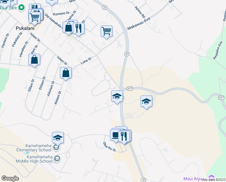 map of restaurants, bars, coffee shops, grocery stores, and more near 16 Lilinoe Place in Makawao