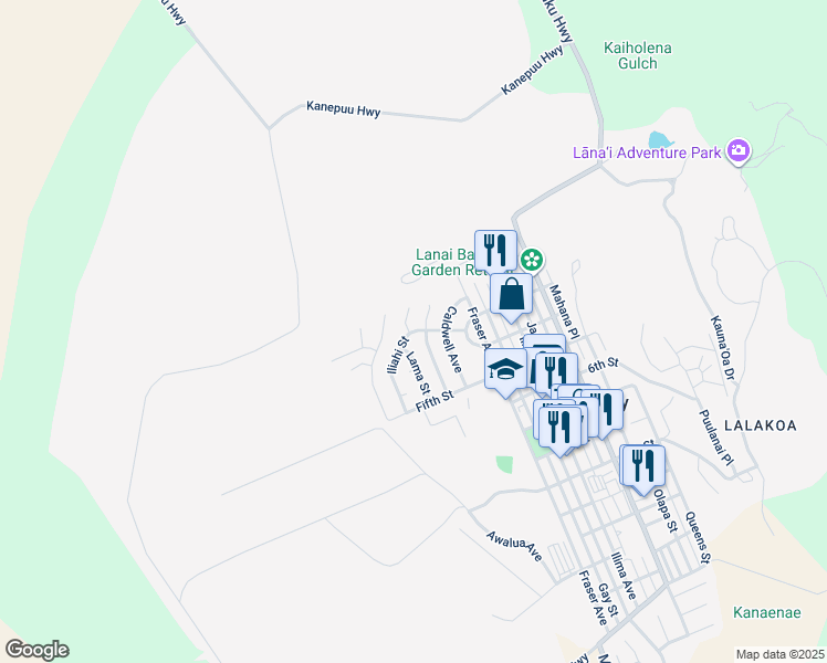 map of restaurants, bars, coffee shops, grocery stores, and more near 205 Iliahi Street in Lanai City