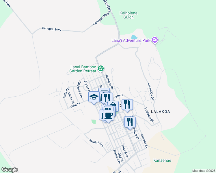 map of restaurants, bars, coffee shops, grocery stores, and more near 447 Lanai Ave in Lanai City