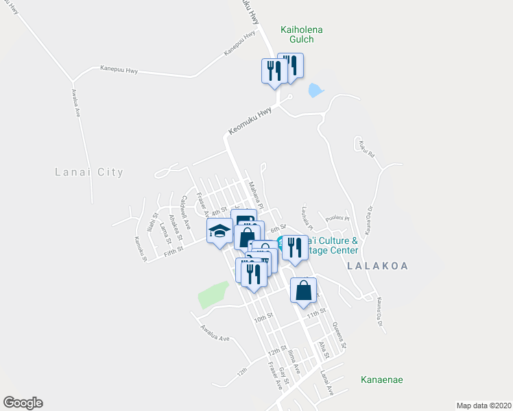 map of restaurants, bars, coffee shops, grocery stores, and more near 428 Lanai Avenue in Lanai City